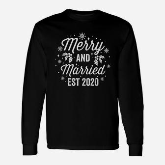 Merry And Married Est 2020 Newlywed Husband Wife Christmas Long Sleeve T-Shirt - Seseable