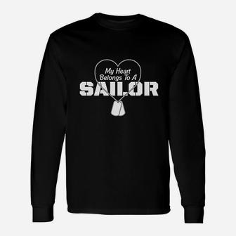 Navy Wife Girlfriend My Heart Belongs To A Sailor Long Sleeve T-Shirt - Seseable