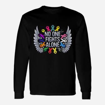 No One Fights Alone Multicolor Ribbon For Awareness Long Sleeve T-Shirt - Seseable