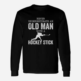 Old Man With A Hockey Stick Ice Hockey Player Long Sleeve T-Shirt - Seseable