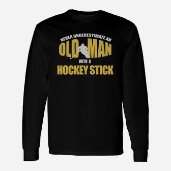 Old Man With A Hockey Stick Ice Hockey Player T-shirt Long Sleeve T-Shirt - Seseable
