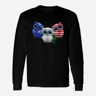 Owls American Flag 4th Of July Owl Independence Day Owl Usa Shirt Long Sleeve T-Shirt - Seseable