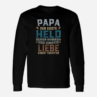 Papa Erster Held Sohn Liebe Tochter Langarmshirts, Vatertag Schwarz Tee - Seseable