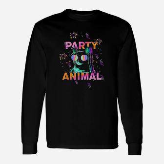 Party Cat Party Animal Colorful Graphic Long Sleeve T-Shirt - Seseable