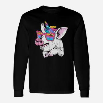 Pig Piglet Unicorn Horn Glasses Cute Farm Halloween Long Sleeve T-Shirt - Seseable