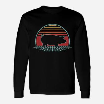 Pig Retro Vintage 80s Style Farm Animal Lover Long Sleeve T-Shirt - Seseable