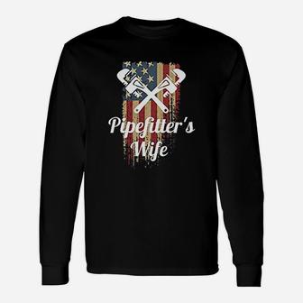 Pipefitters Wife Pride Patriotic Distressed American Flag Long Sleeve T-Shirt - Seseable
