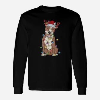 Pitbull Christmas Santa Hat Xmas Light Pit Bull Dad Mom Long Sleeve T-Shirt - Seseable