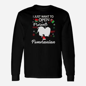 Pomeranian Christmas Clothes Open Presents Dog Clothing Premium Long Sleeve T-Shirt - Seseable