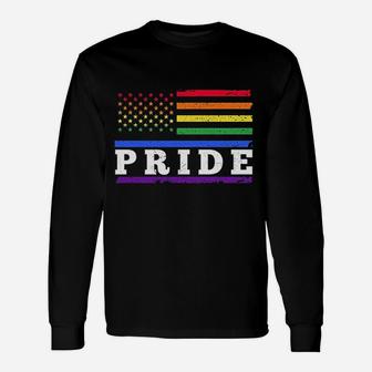 Pride Lgbt Rainbow American Flag Gay Pride Rainbow Long Sleeve T-Shirt - Seseable