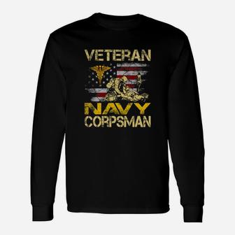 Proud Veteran Navy Corpsman Flag Vintage 4th Of July Long Sleeve T-Shirt - Seseable