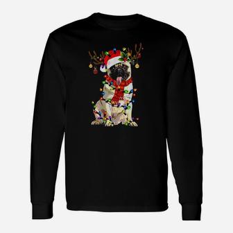 Pug Dog Christmas Reindeer Christmas Lights Long Sleeve T-Shirt - Seseable
