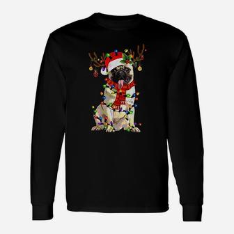 Pug Dog Christmas Reindeer Christmas Lights Long Sleeve T-Shirt - Seseable
