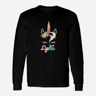 Rainbow Unicorn Lydia Custom Name For Girls Long Sleeve T-Shirt - Seseable