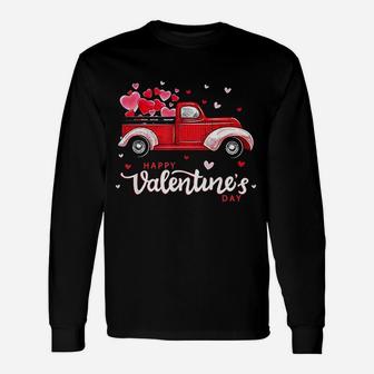 Red Truck With Hearts Happy Valentines Day Long Sleeve T-Shirt - Seseable