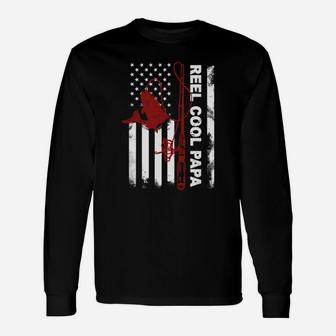 Reel Cool Papa American Flag Fishing Father Day Long Sleeve T-Shirt - Seseable