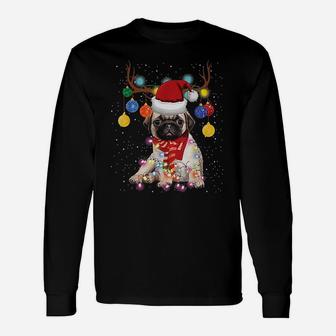 Reindeer Pug Dog Christmas Lights Long Sleeve T-Shirt - Seseable