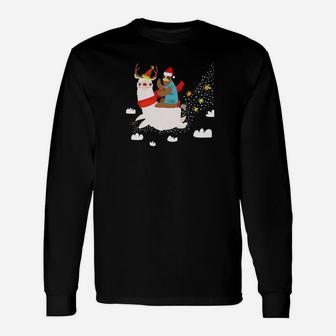 Santa Sloth Riding Llama Reindeer Christmas Long Sleeve T-Shirt - Seseable