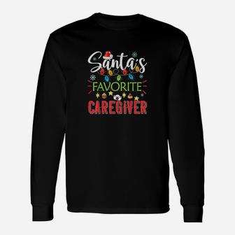 Santa's Favorite Caregiver Xmas Light Santa Hat Christmas Long Sleeve T-Shirt - Seseable