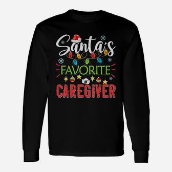 Santas Favorite Caregiver Xmas Light Santa Hat Christmas Long Sleeve T-Shirt - Seseable