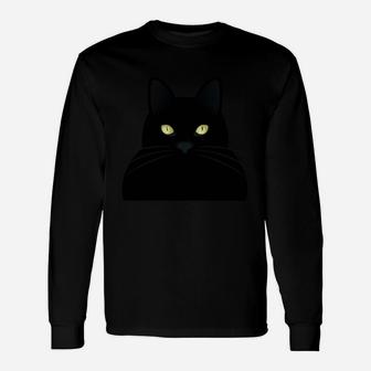 Schwarzes Langarmshirts mit Katzengesicht, Leuchtende Augen Design - Seseable