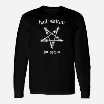 Schwarzes Vegan-Langarmshirts, Hail Seitan Go Vegan mit Pentagramm-Design - Seseable