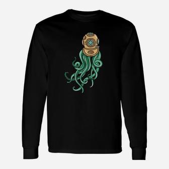 Scuba Diver Octopus Illustration Sea Diving Long Sleeve T-Shirt - Seseable