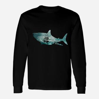 Shark Retro Vintage Ship In A Storm Long Sleeve T-Shirt - Seseable
