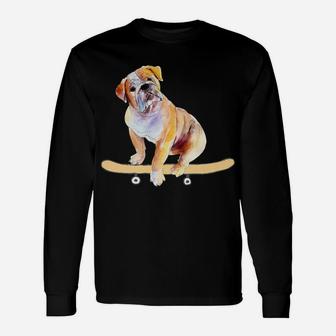 Skateboarding Bulldog Puppy Long Sleeve T-Shirt - Seseable