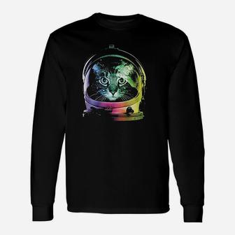 Space Cat Rainbow Astronaut Helmet Galaxy Long Sleeve T-Shirt - Seseable