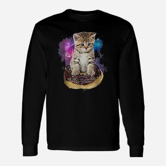 Space Donut Cat Flying Kitty Galaxy Long Sleeve T-Shirt - Seseable