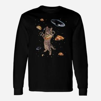 Space Pizza Cat With Ufos Trippy Long Sleeve T-Shirt - Seseable