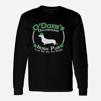 St Patricks Day Dog Dachshund Doxie Irish Pub Sign Ladies Long Sleeve T-Shirt - Seseable