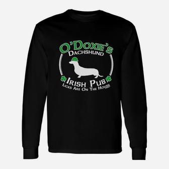 St Patricks Day Dog Dachshund Doxie Irish Pub Sign Long Sleeve T-Shirt - Seseable
