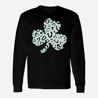 St Patricks Day Leopard Print Shamrock Four Leaf Clover Long Sleeve T-Shirt - Seseable