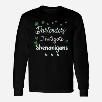 St Patricks Day Shamrock Bartenders Instigate Shenanigans Saying Job Title Long Sleeve T-Shirt - Seseable