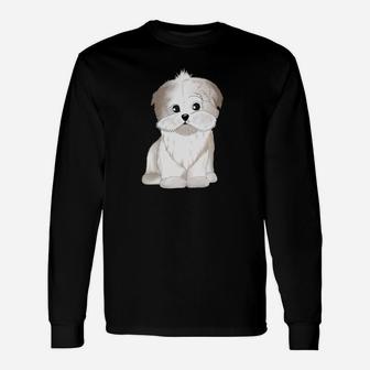 Süßes Shih Tzu Cartoon Langarmshirts Unisex in Schwarz, Hunde-Design Tee - Seseable