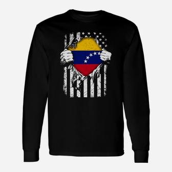 Super Venezuela Hearts American Flag Venezuelan Tshirt Long Sleeve T-Shirt - Seseable