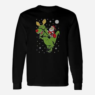 T Rex Santa Ride Ugly Christmas Long Sleeve T-Shirt - Seseable