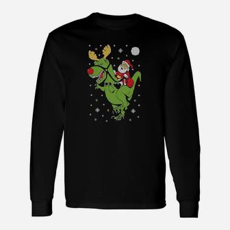 T-rex Santa Ride Ugly Christmas Long Sleeve T-Shirt - Seseable