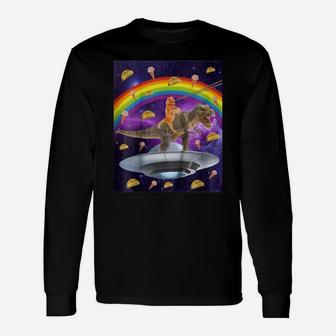 Taco Kitty Rainbow Laser Eye T-rex Riding Space Cat Long Sleeve T-Shirt - Seseable