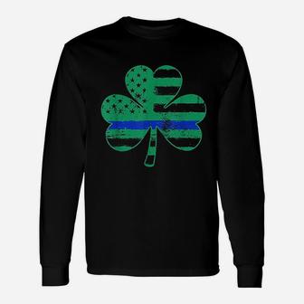 Thin Blue Line Irish Shamrock St Patrick Day Long Sleeve T-Shirt - Seseable