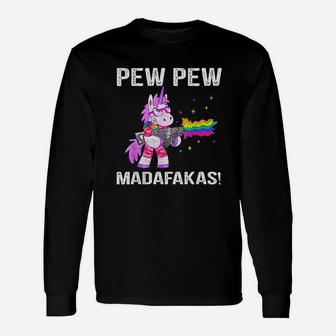 Unicorn Pew Pew Madafakas Vintage Crazy Cat Graphic Long Sleeve T-Shirt - Seseable