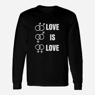 Unisex 'Love is Love' Langarmshirts mit Geschlechtssymbolen in Schwarz - Seseable