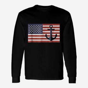 Usa American Flag Nautical Blue Anchor Patriotic Long Sleeve T-Shirt - Seseable