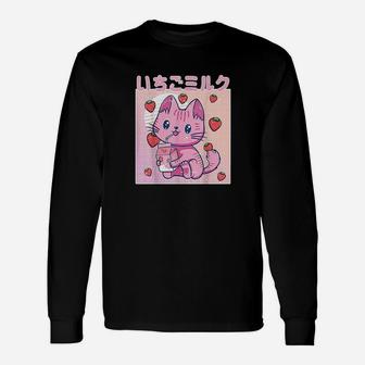 Vaporwave Strawberry Cat 90s Japanese Kawaii Strawberry Milk Long Sleeve T-Shirt - Seseable