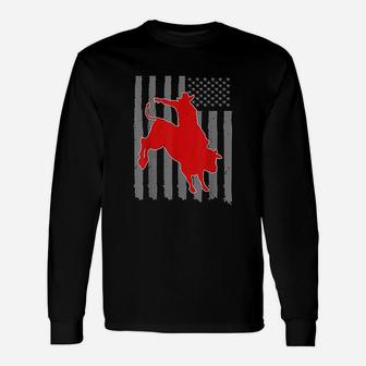 Vintage American Flag Bucking Bull Riding Long Sleeve T-Shirt - Seseable