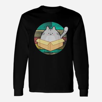 Vintage Cat In Box Retro Style Cute Fat Cat Long Sleeve T-Shirt - Seseable