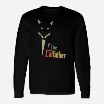 Vintage The Catfather Cat Dad Father Of Cats Retro Sunset Kitty Kitten Lover Long Sleeve T-Shirt - Seseable