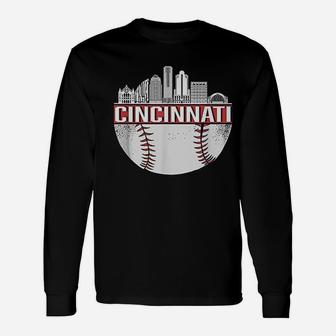 Vintage Cincinnati Baseball Skyline Cityscape Retro Baseball Long Sleeve T-Shirt - Seseable